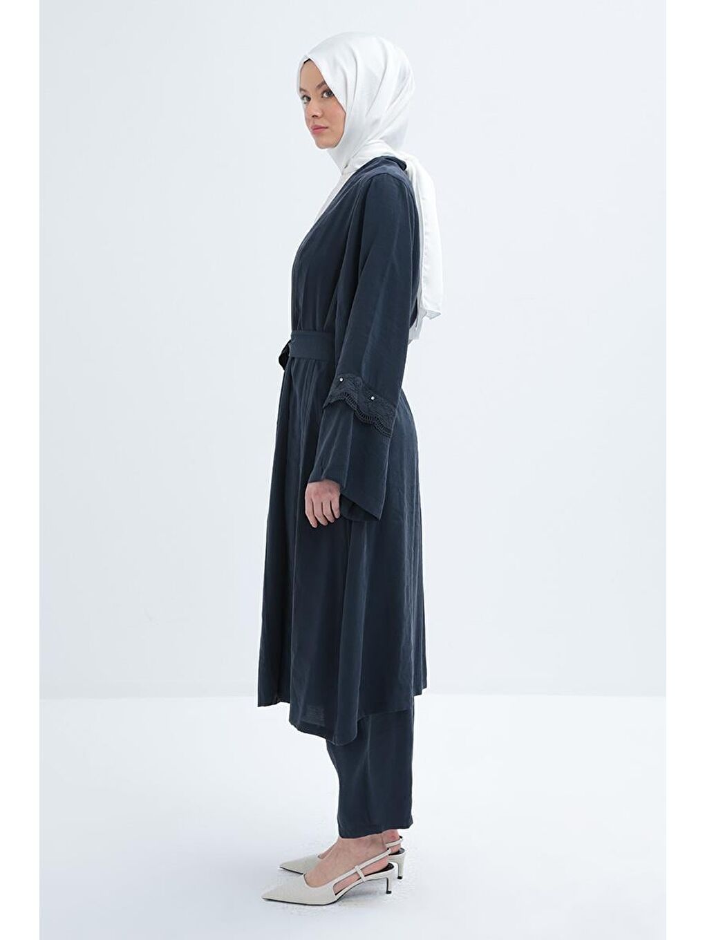 İndigo-Kolu Fisto Detaylı Modal Pantolonlu Takım-2