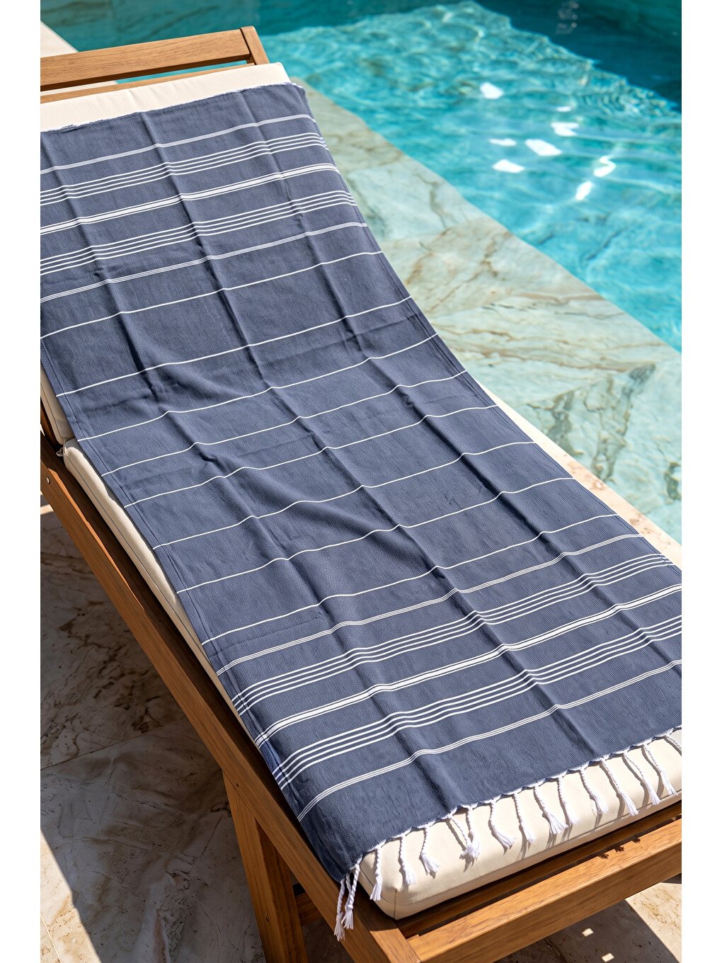 %100 Pamuk Çizgili Desenli Plaj Havlusu Hamam Sauna Deniz Havlusu Peştemal 05 Lacivert