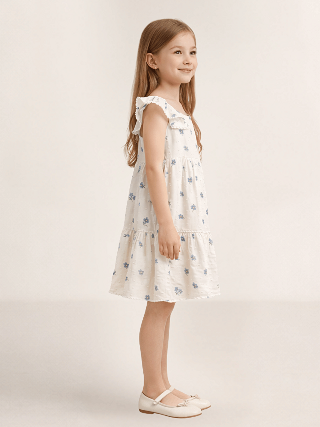 Mavi Kare Yaka Çiçek Desenli Kız Çocuk Elbise-1