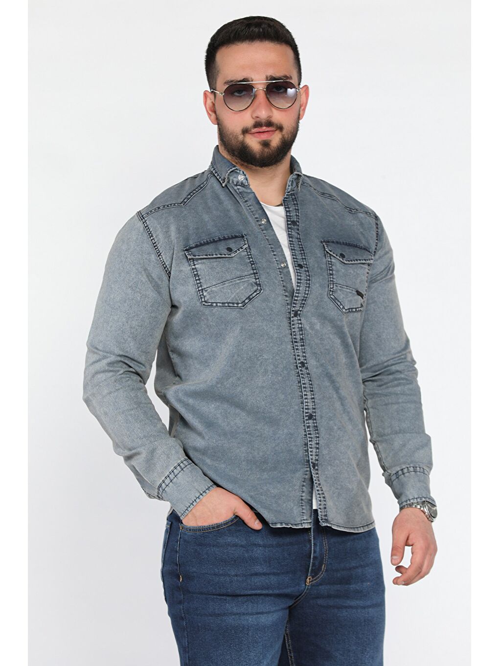 Lacivert Çıtçıtlı Uzun Kol Erkek Gömlek