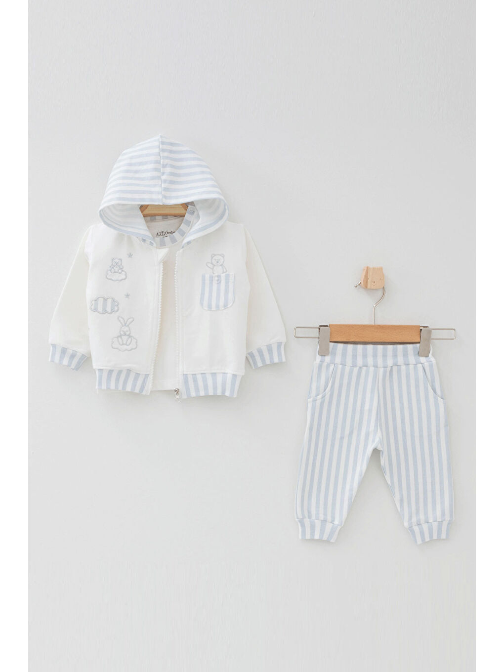 Ekru Erkek Bebek Animal Nakışlı Sweatshirt Pantolon T-shirt 3 'lü Alt Üst Bebek Takımı 3Ay-36Ay