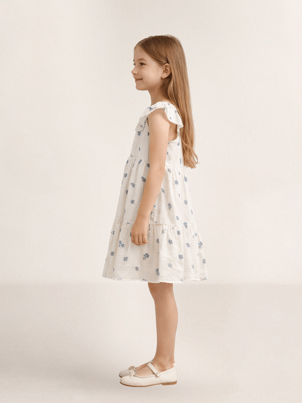 Mavi Kare Yaka Çiçek Desenli Kız Çocuk Elbise-2