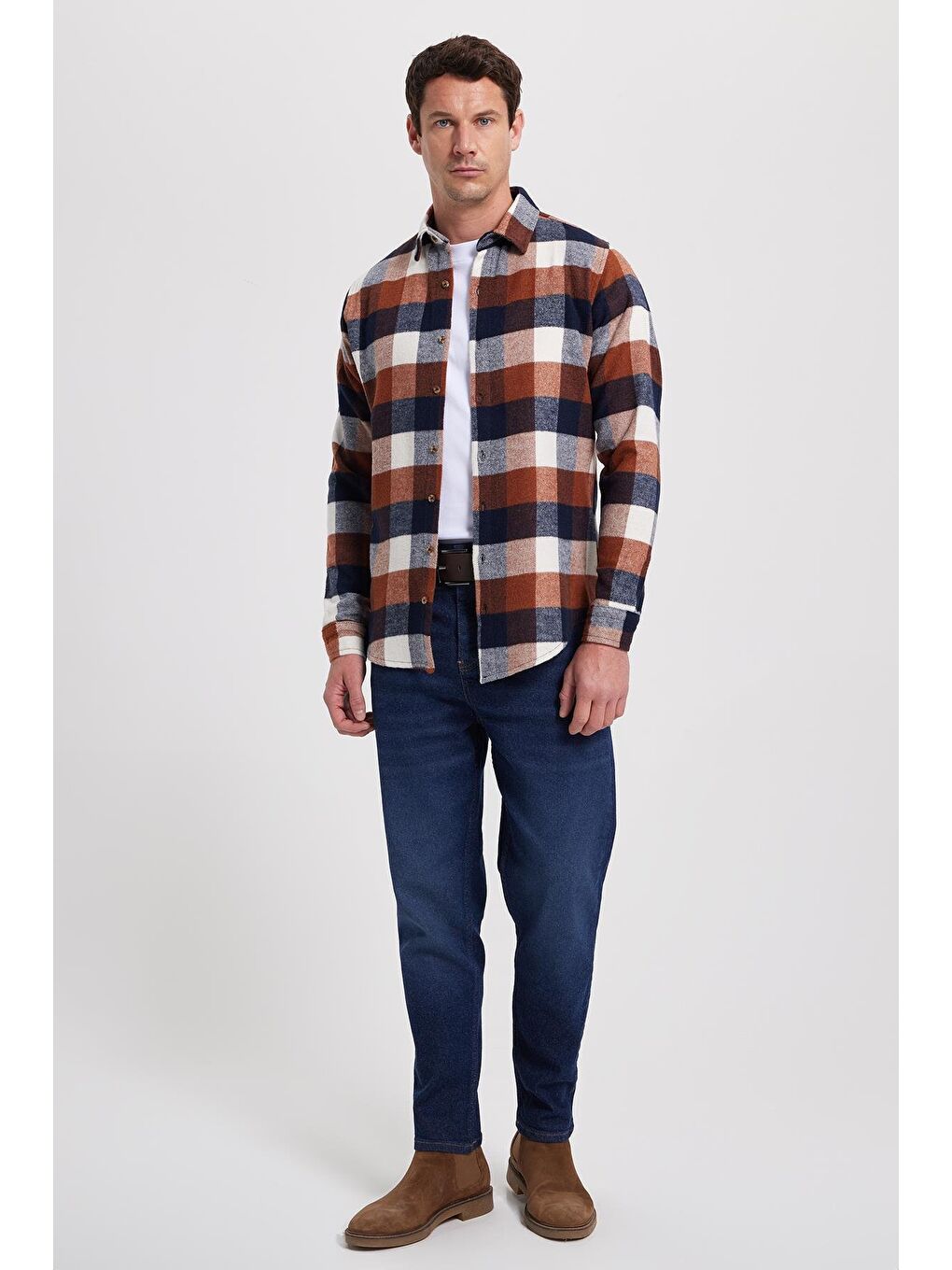 Kahverengi Erkek Slim Fit Dar Kesim Kareli Kışlık Oduncu Gömlek-2