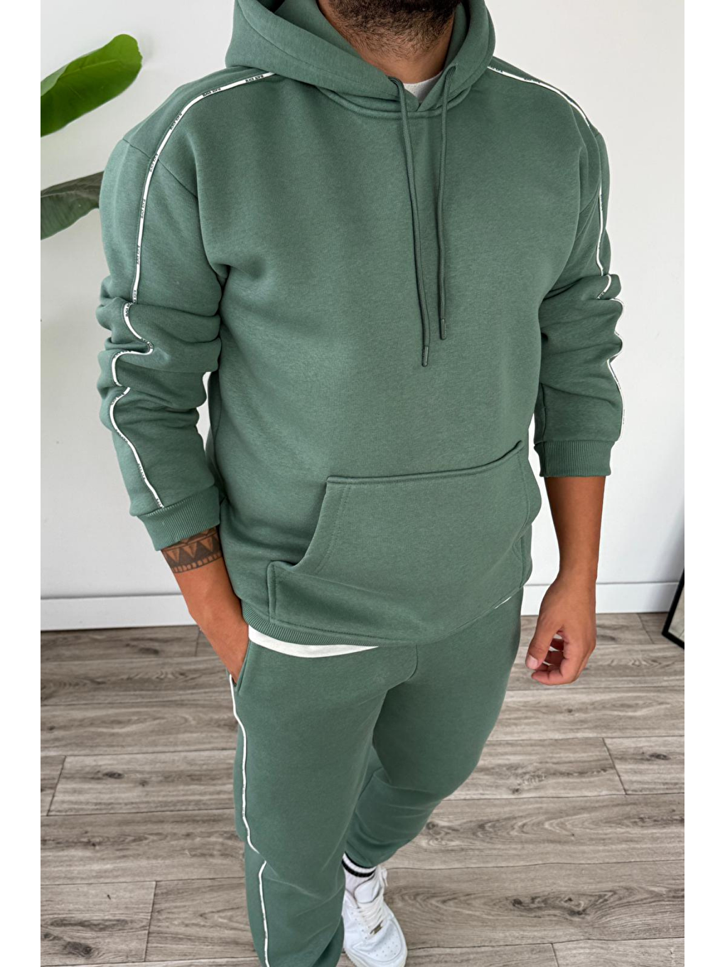 Turkuaz Erkek Kapüşonlu Kanguru Cepli Biyeli %100 Pamuk Alt Üst Takım Su Yeşili-1