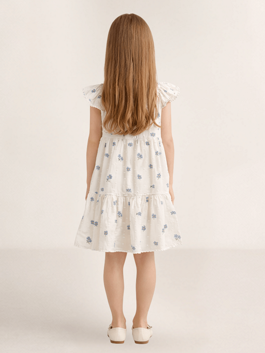 Mavi Kare Yaka Çiçek Desenli Kız Çocuk Elbise-3