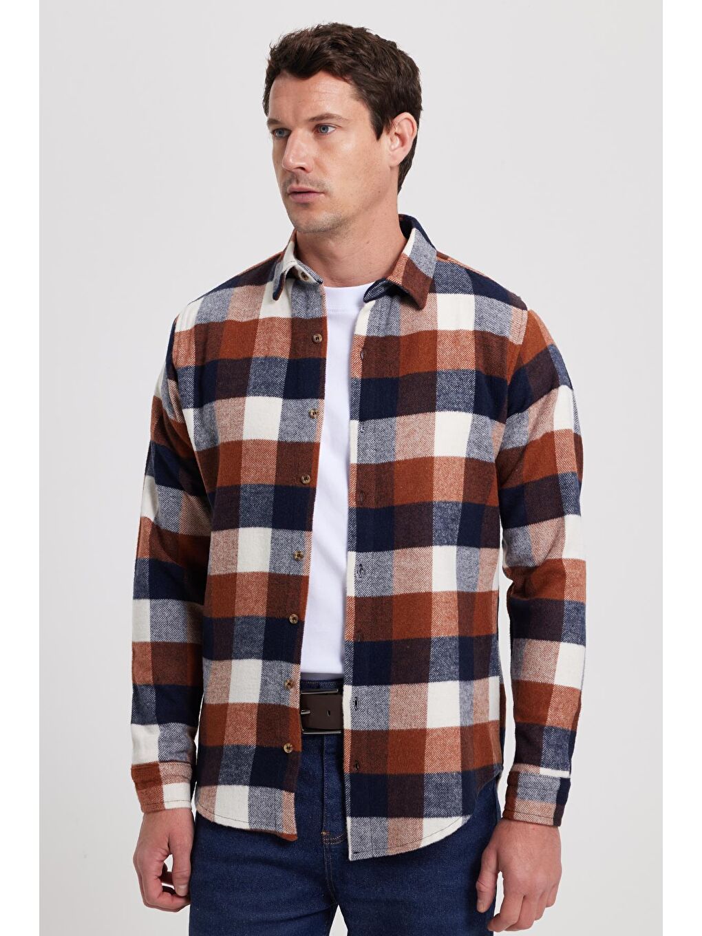 Kahverengi Erkek Slim Fit Dar Kesim Kareli Kışlık Oduncu Gömlek-6