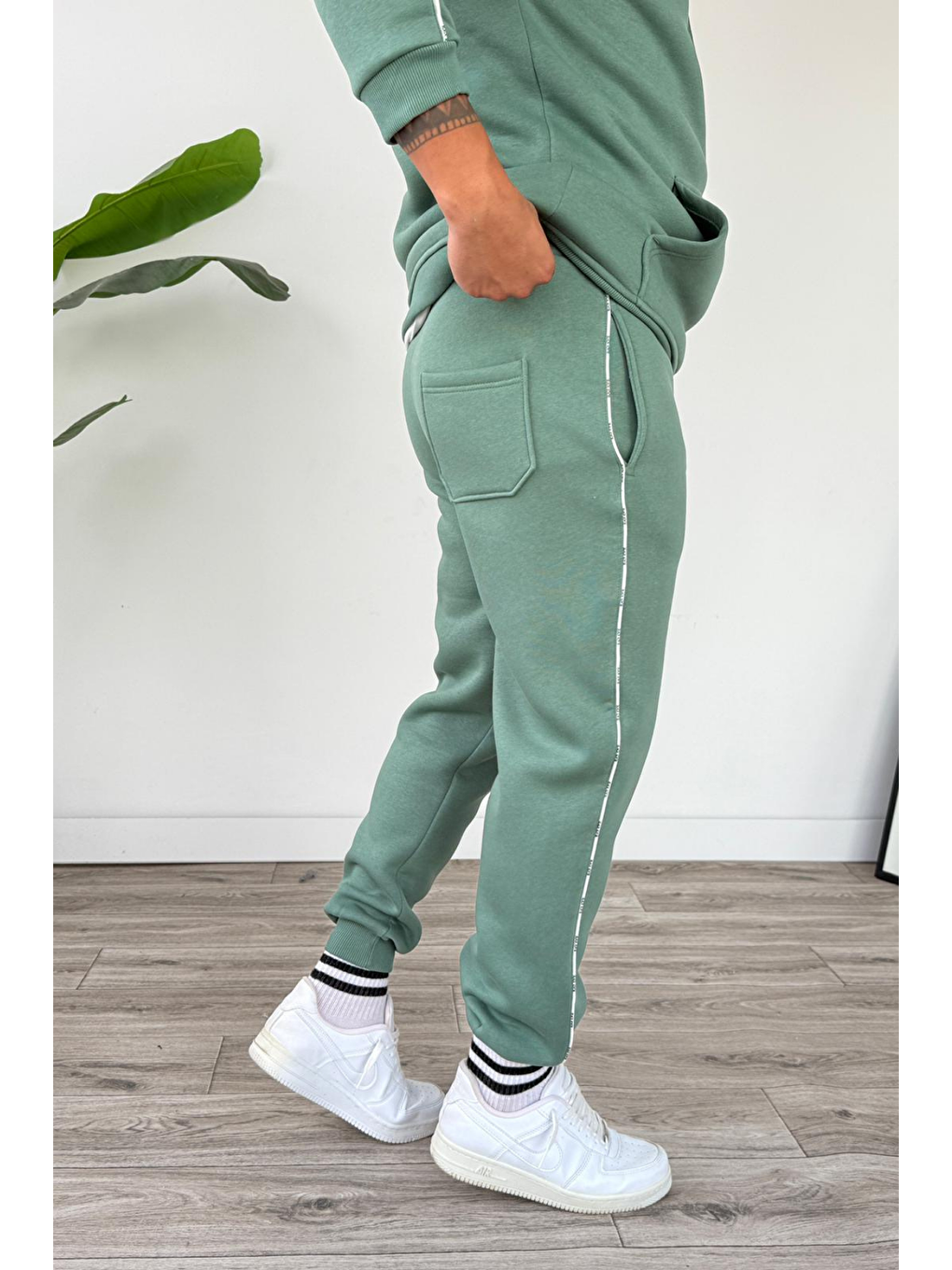 Turkuaz Erkek Kapüşonlu Kanguru Cepli Biyeli %100 Pamuk Alt Üst Takım Su Yeşili-3