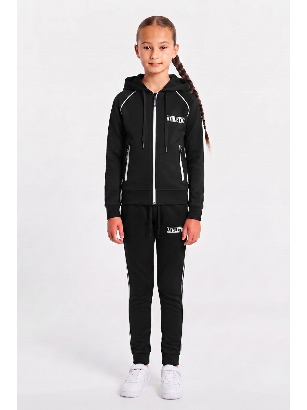 Siyah Kız Çocuk Scuba Atheletic Reglan Kol Kapüşonlu Dalgıç Kumaş Eşofman Takımı Esf7027-4