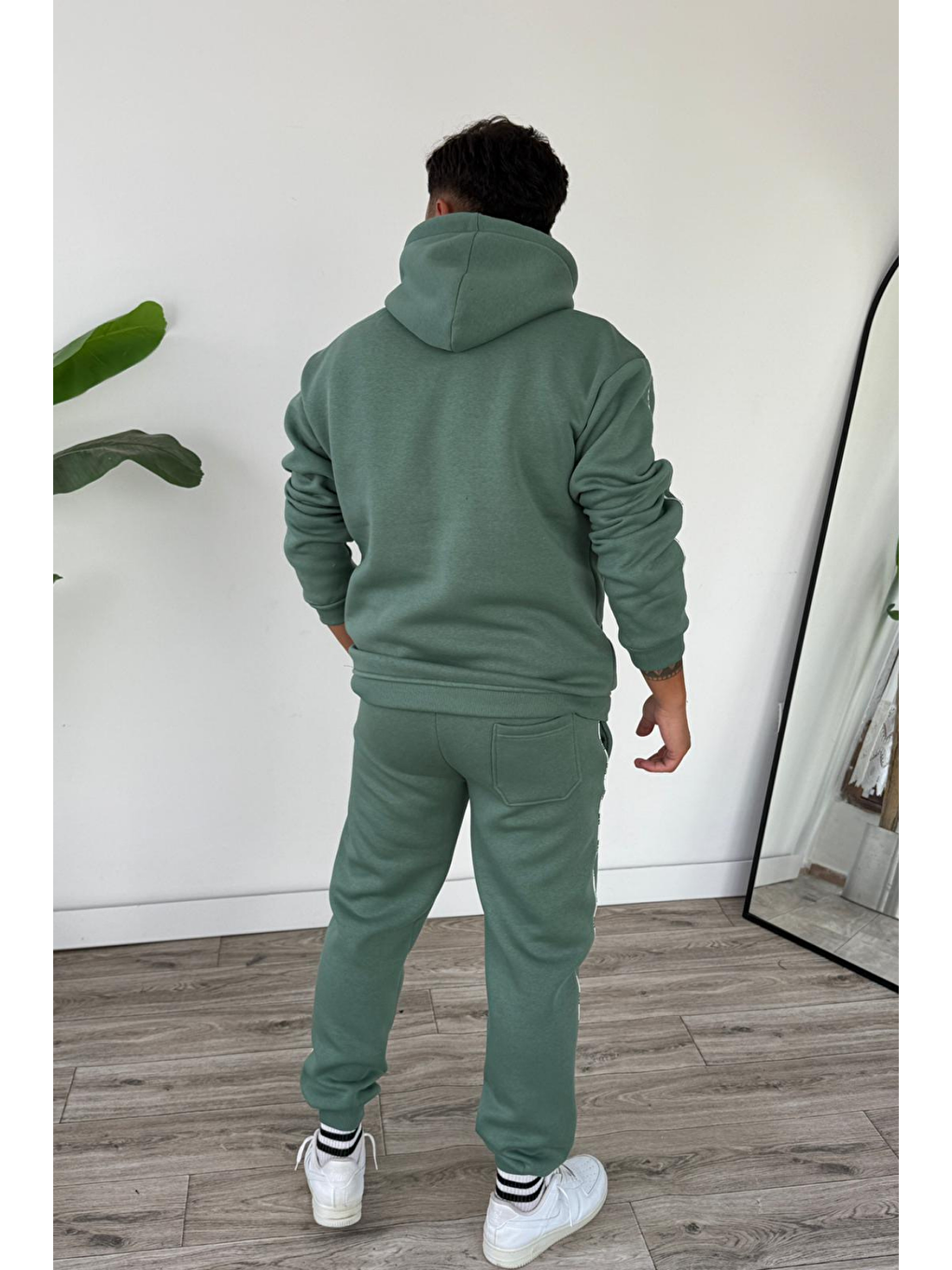 Turkuaz Erkek Kapüşonlu Kanguru Cepli Biyeli %100 Pamuk Alt Üst Takım Su Yeşili-4