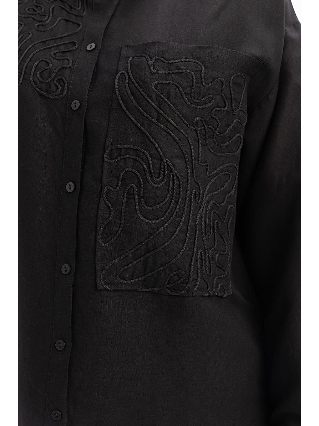 Siyah-Nakış Detaylı Keten Pantolonlu Takım-3