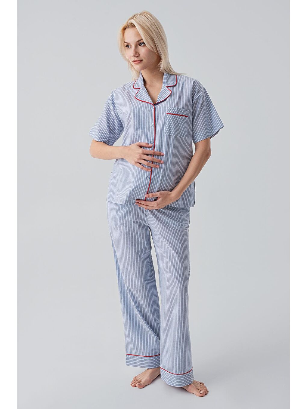 Mavi Kısa Kollu Düğmeli Çizgili Dokuma %100 Pamuk Pijama Takım 19208-1