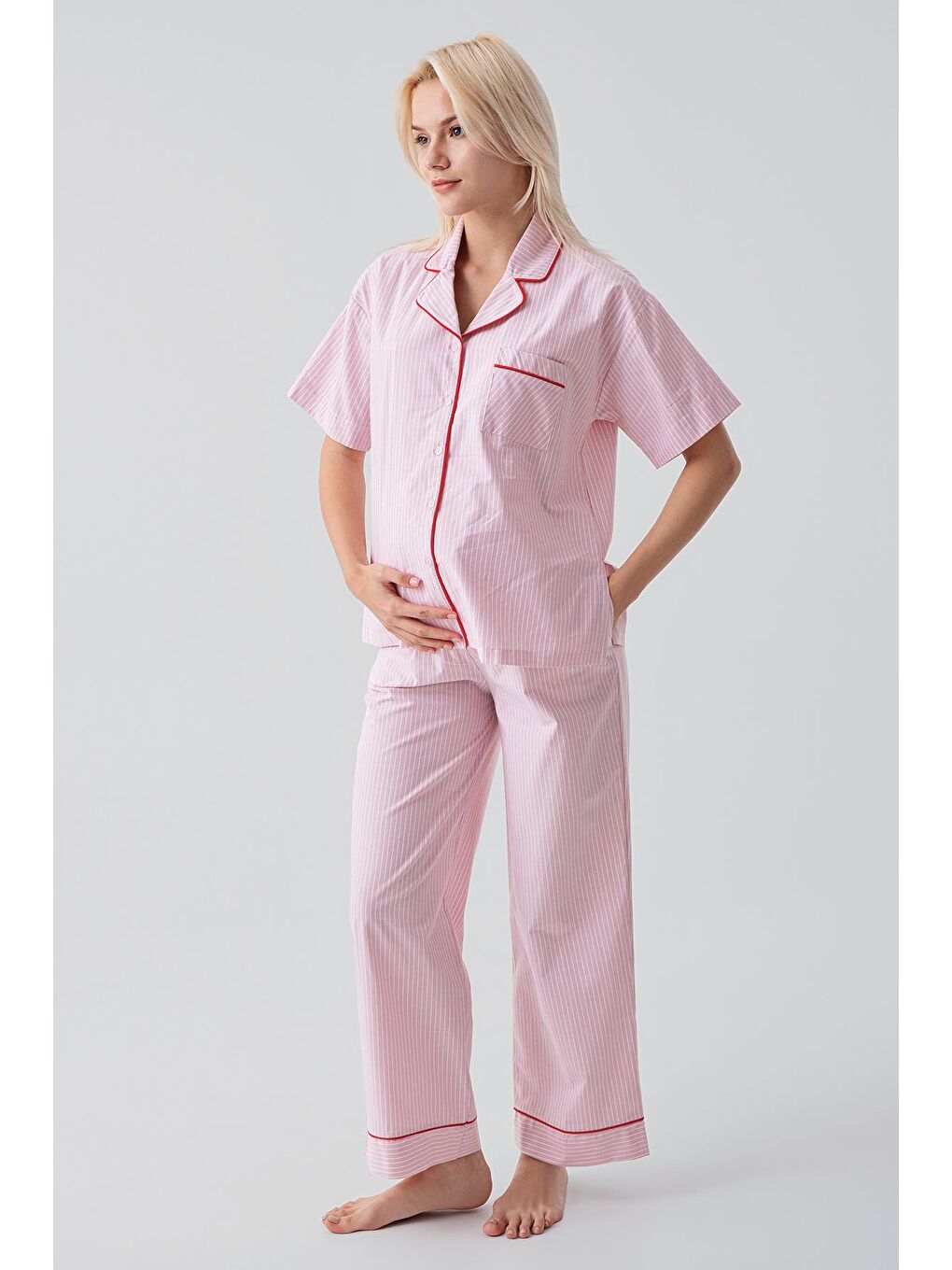 Pembe Kısa Kollu Düğmeli Çizgili Dokuma %100 Pamuk Pijama Takım 19208-1