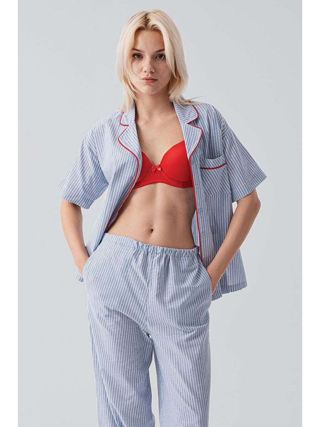 Mavi Kısa Kollu Düğmeli Çizgili Dokuma %100 Pamuk Pijama Takım 19208-4