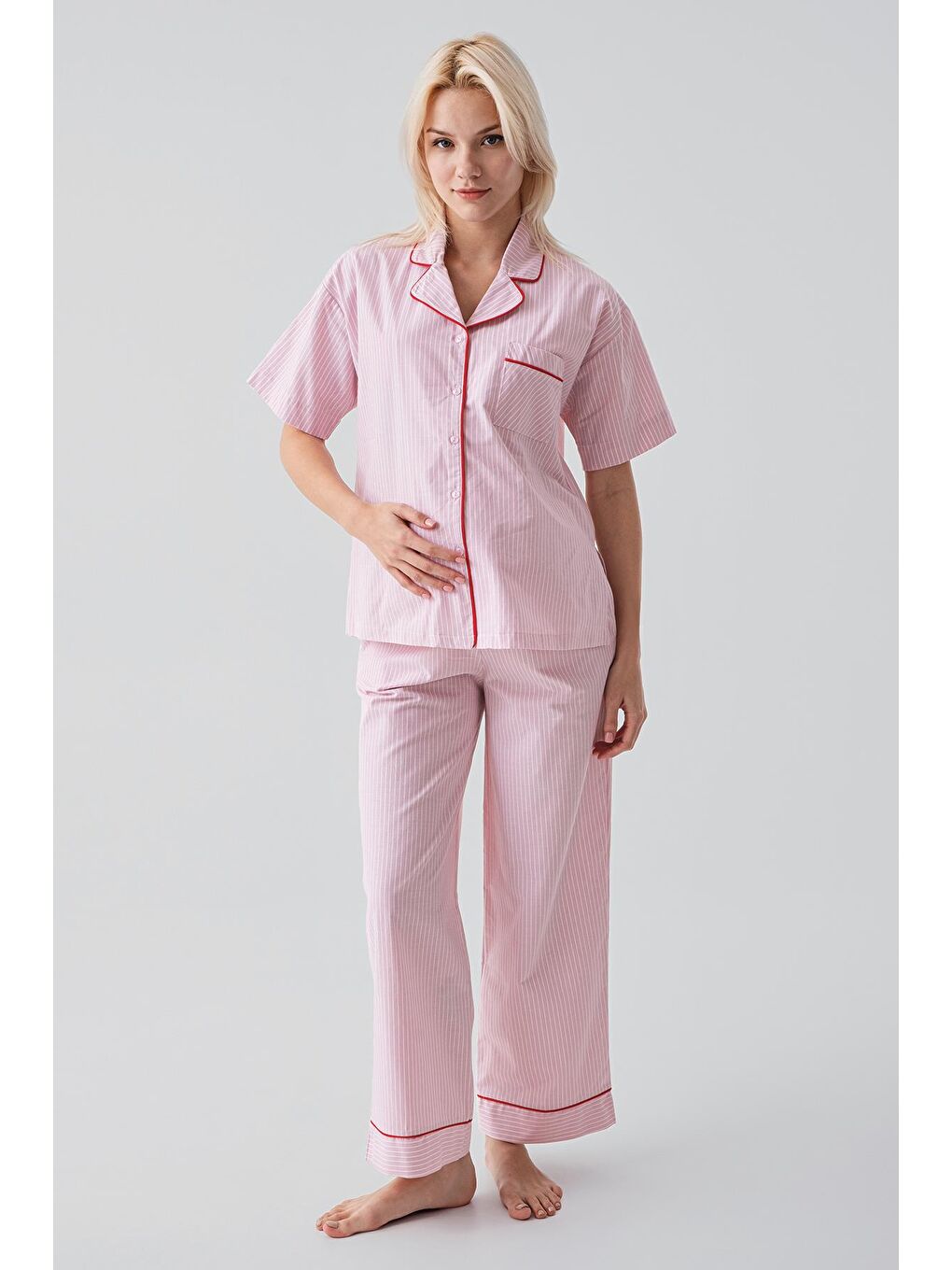 Pembe Kısa Kollu Düğmeli Çizgili Dokuma %100 Pamuk Pijama Takım 19208-3