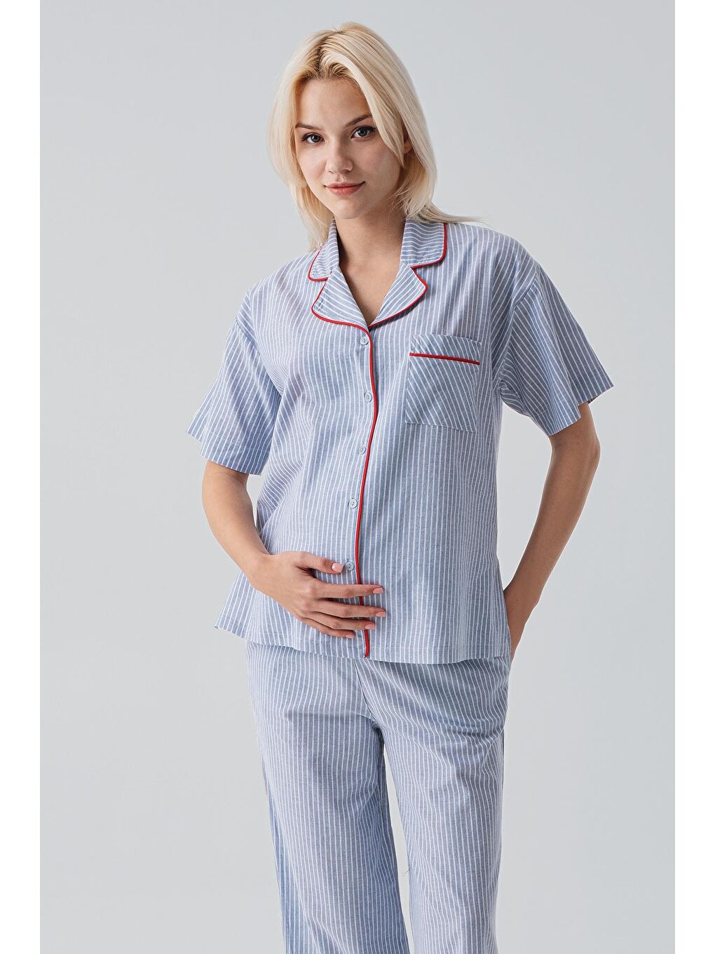 Mavi Kısa Kollu Düğmeli Çizgili Dokuma %100 Pamuk Pijama Takım 19208-5