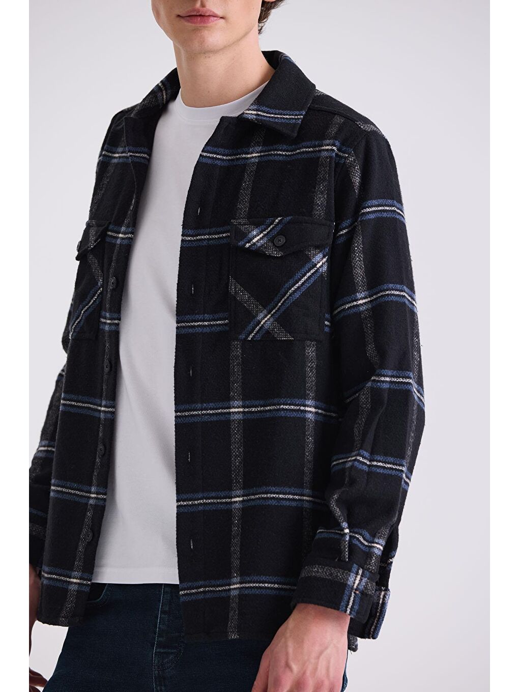 Siyah Over Size Bol Kesim Ekose Desenli Pamuklu Cepli Oduncu Gömlek-2