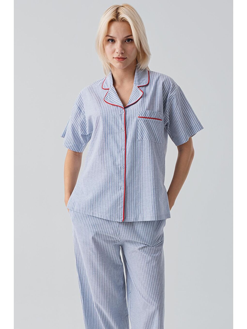 Mavi Kısa Kollu Düğmeli Çizgili Dokuma %100 Pamuk Pijama Takım 19208-6