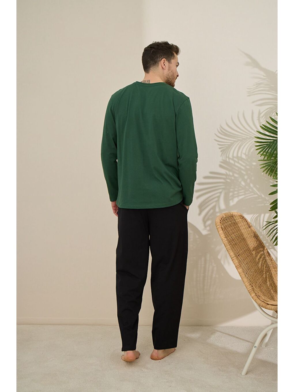 Yeşil Erkek %100 Pamuk Uzun Kollu Baskılı Kaliteli Pijama Takımı-1