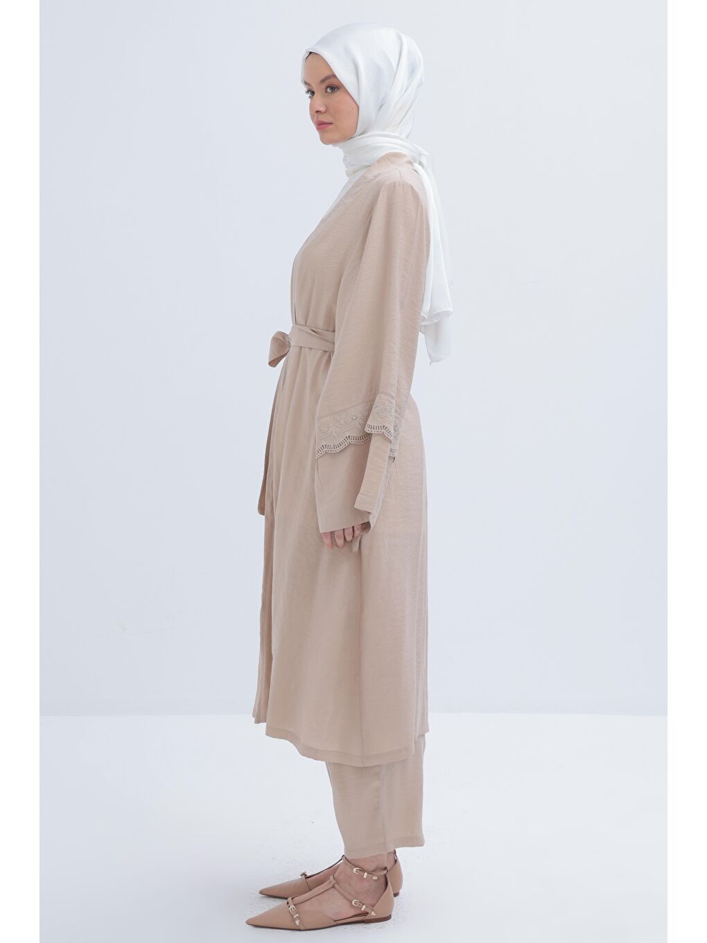 Bej Vizon-Kolu Fisto Detaylı Modal Pantolonlu Takım-2