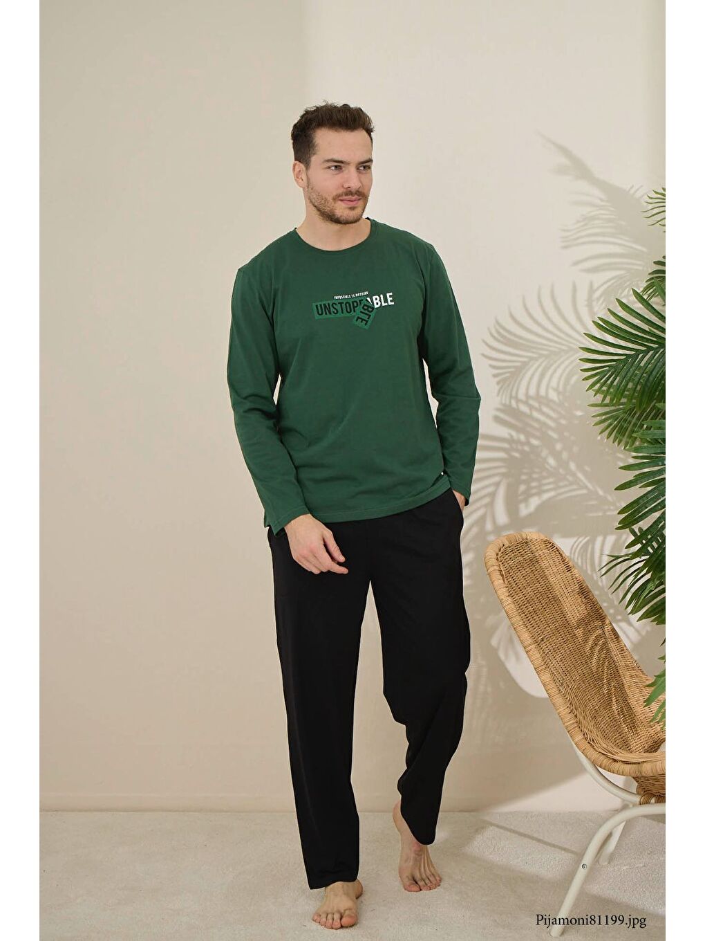 Yeşil Erkek %100 Pamuk Uzun Kollu Baskılı Kaliteli Pijama Takımı-2