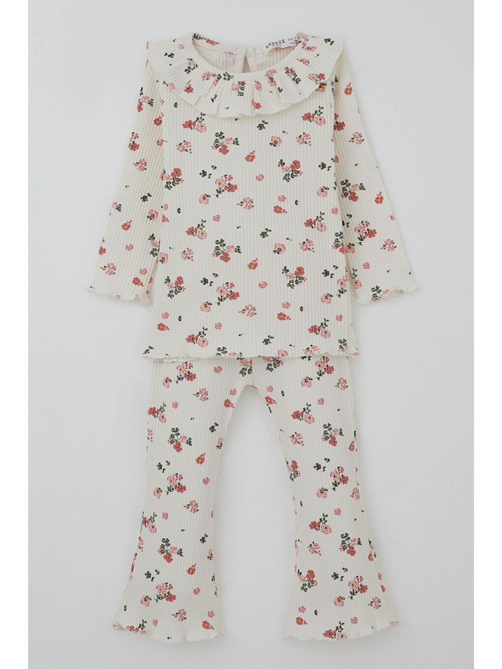 Kız Bebek Taytlı Takım Çiçek Desenli Yaka Kısmı Fırfır Detaylı Ekru (6 Ay-2 Yaş)