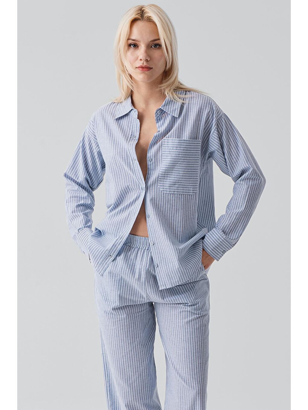 Mavi Uzun Kollu Çizgili Düğmeli Dokuma %100 Pamuk Pijama Takım 19209-3
