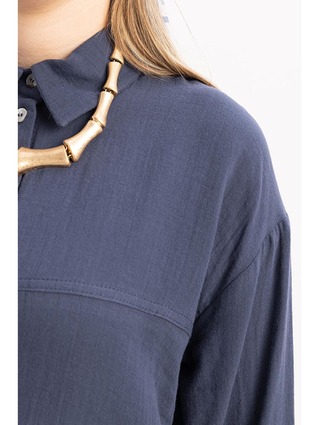 İndigo-Dikiş Detaylı Müslin Pantolonlu Takım-6