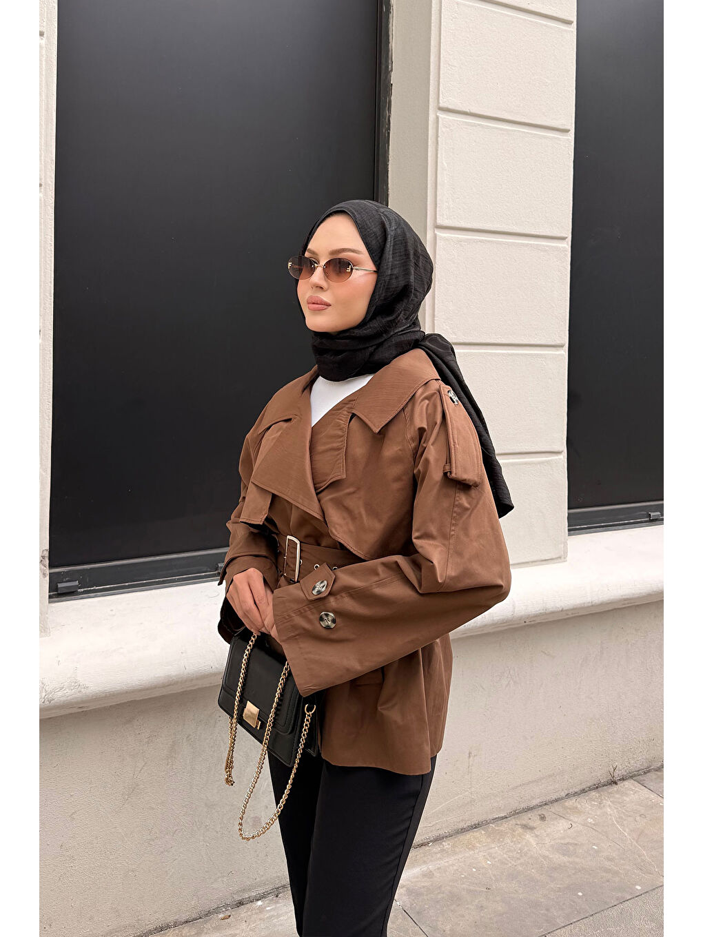 Kahverengi Kadın Kemer Detay Kısa Trenç Taba-1