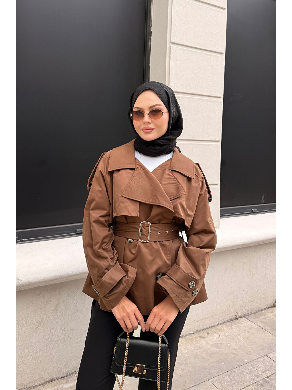 Kahverengi Kadın Kemer Detay Kısa Trenç Taba-2