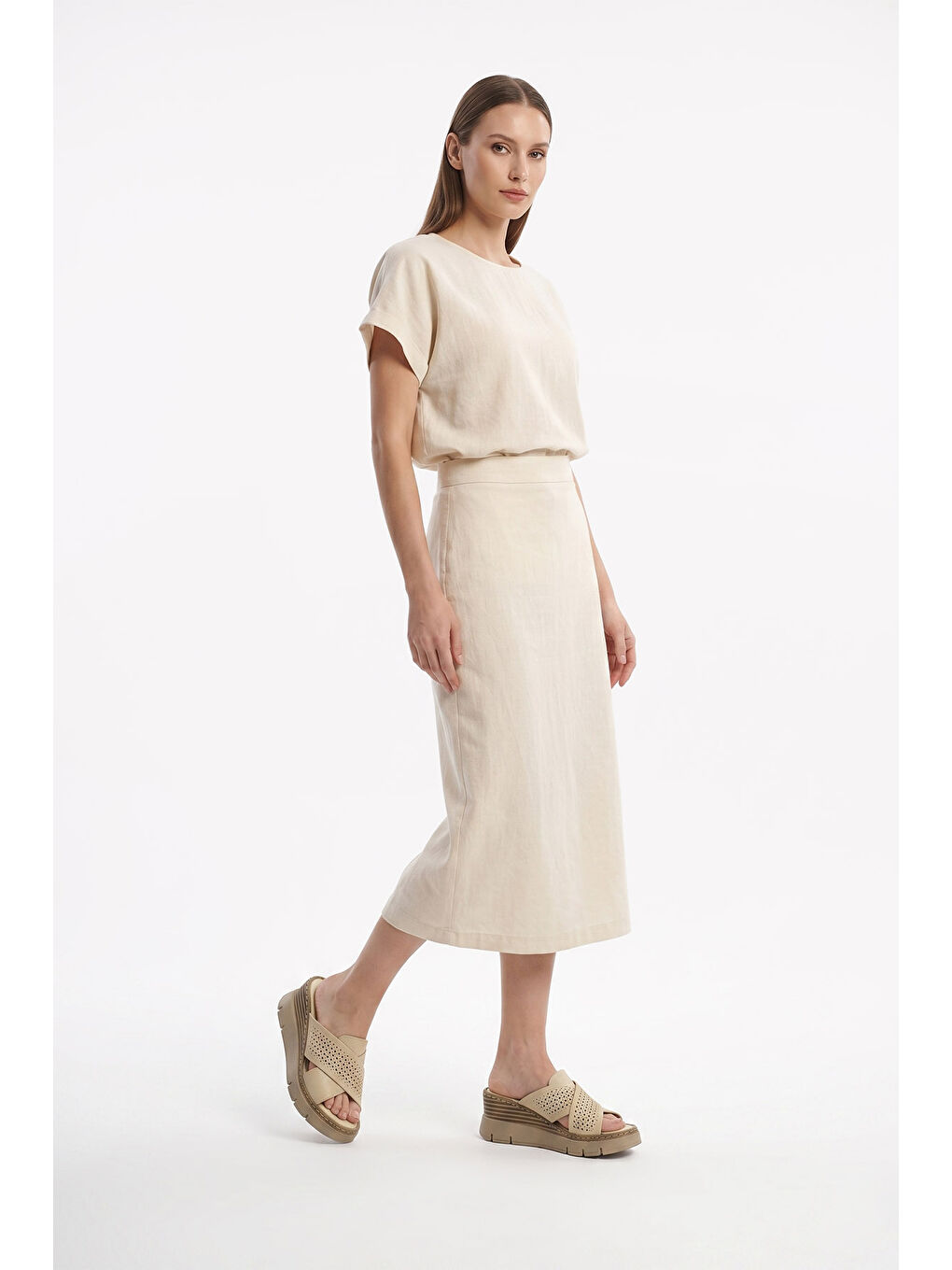 Bej Kadın YENİ BEJ Dolgu Topuklu Hakiki Deri Terlik-2