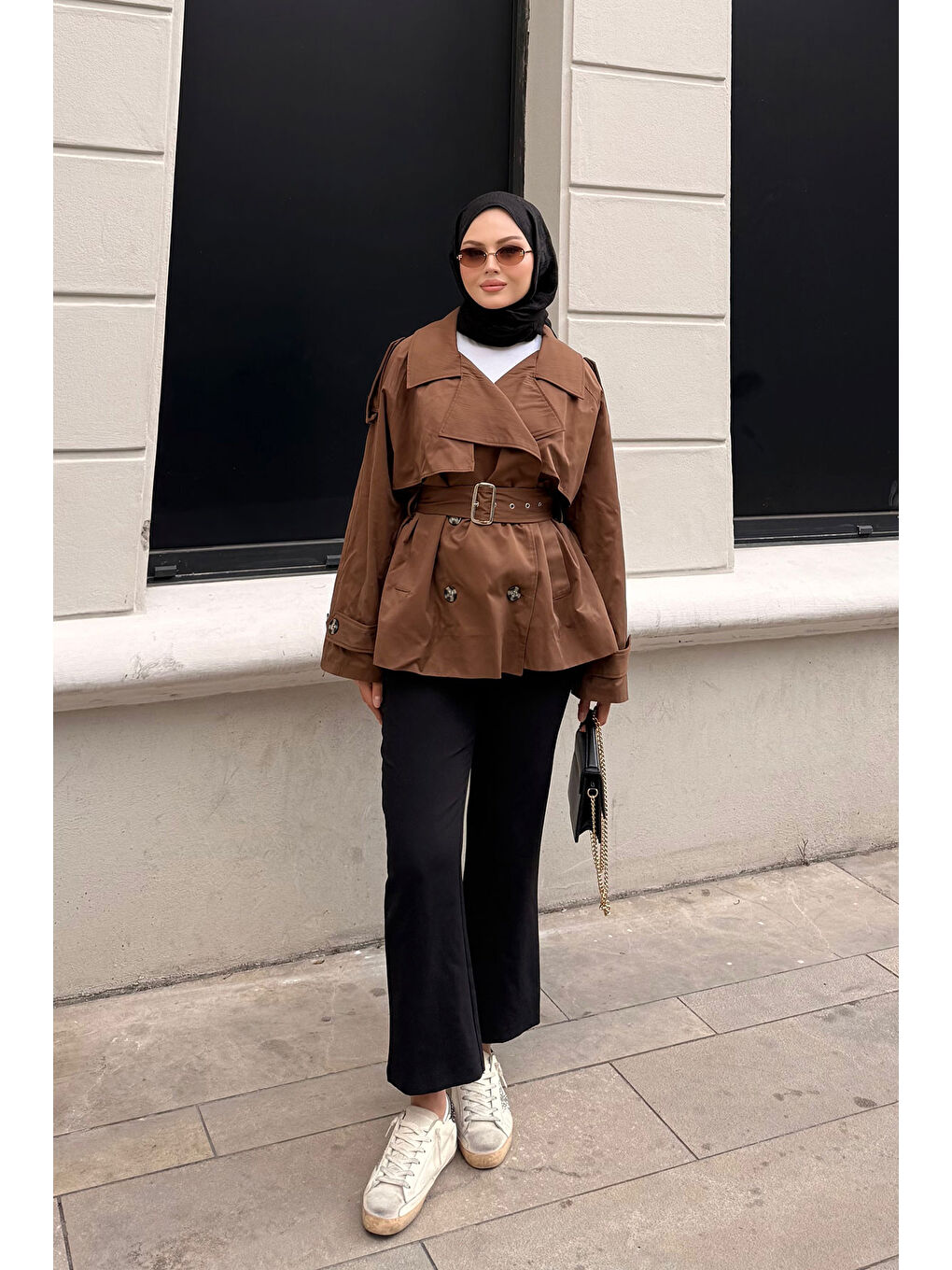 Kahverengi Kadın Kemer Detay Kısa Trenç Taba-4