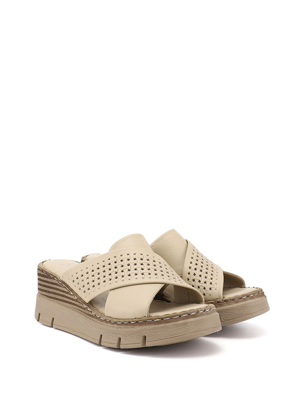 Bej Kadın YENİ BEJ Dolgu Topuklu Hakiki Deri Terlik-3