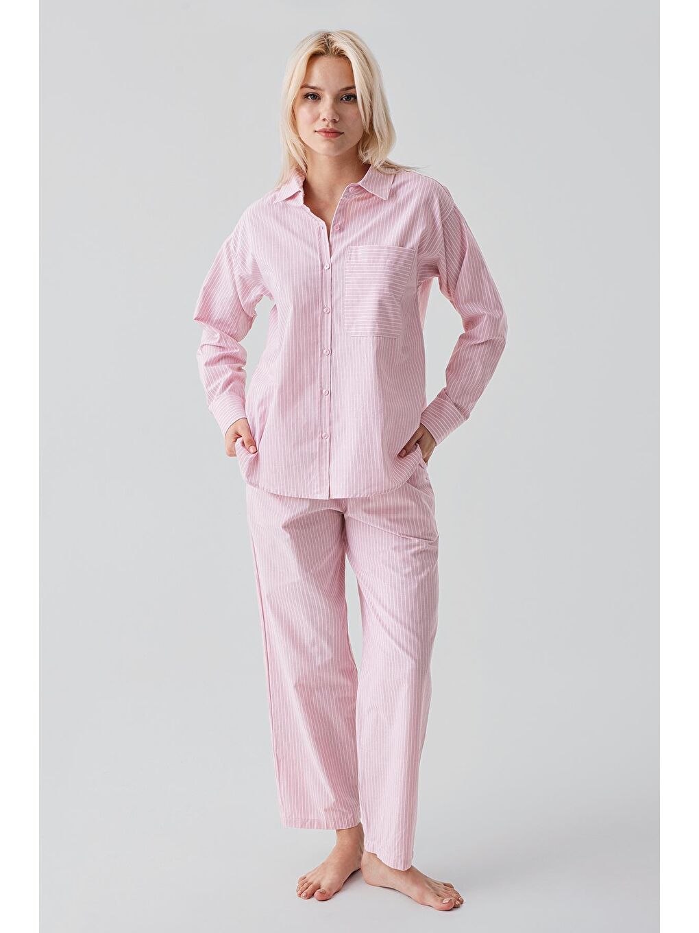 Pembe Uzun Kollu Çizgili Düğmeli Dokuma %100 Pamuk Pijama Takım 19209