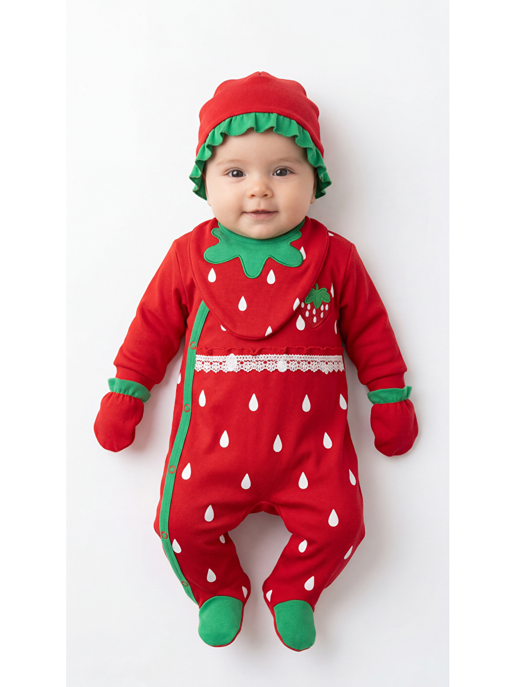 Kırmızı Çilek Desenli 5'Li Kız Bebek Yenidoğan Takımı-1