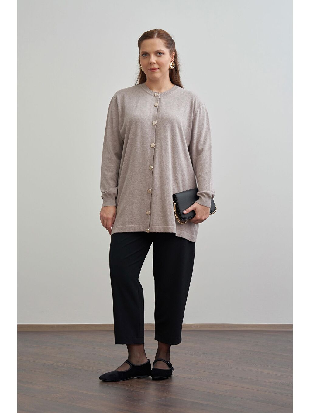 Bej Vizon-Patı Dügmeli Triko Hırka