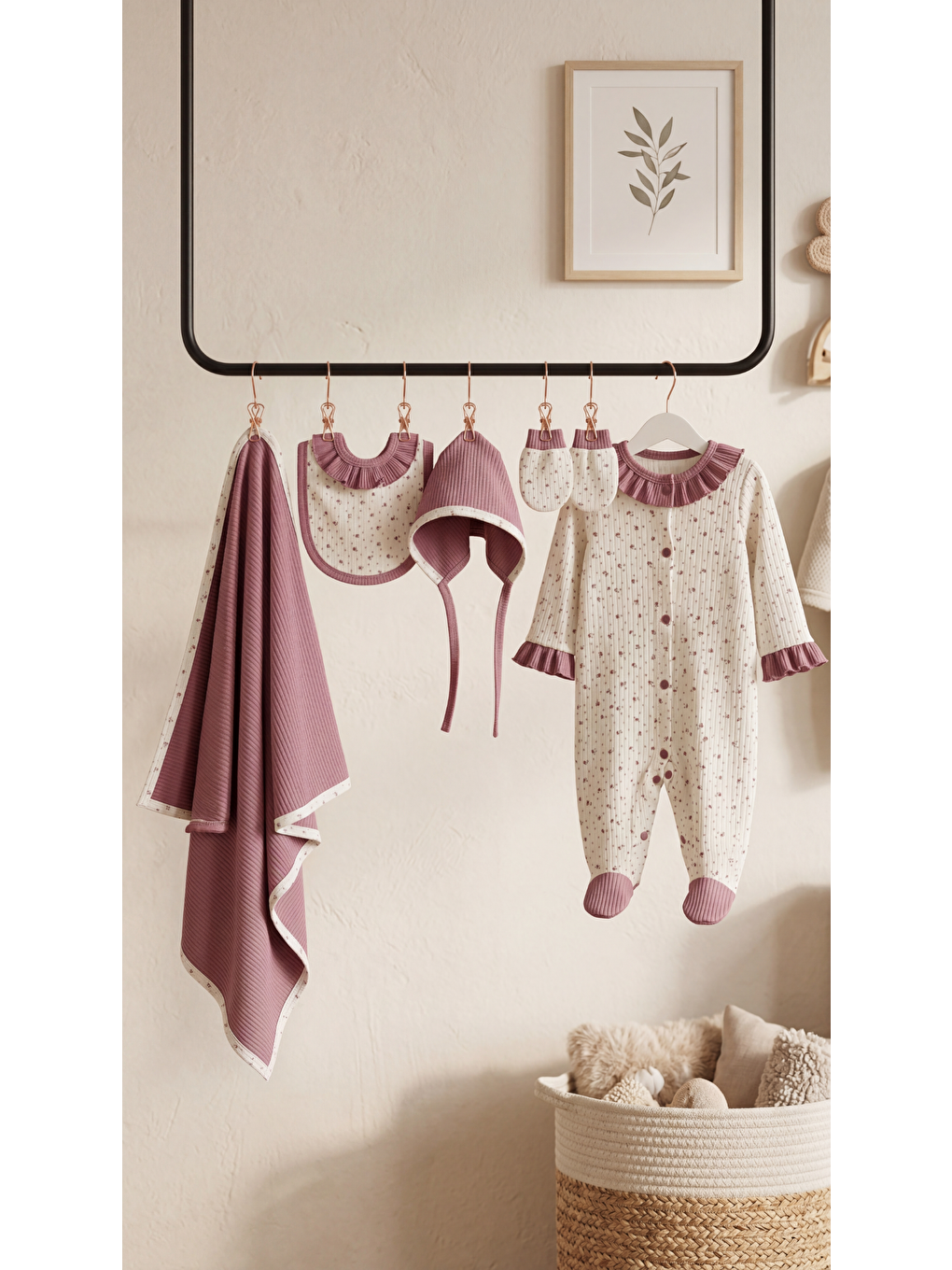 Mürdüm Çiçek Desenli Fırfırlı Bataniyeli 5'Li Kız Bebek Yenidoğan Takımı