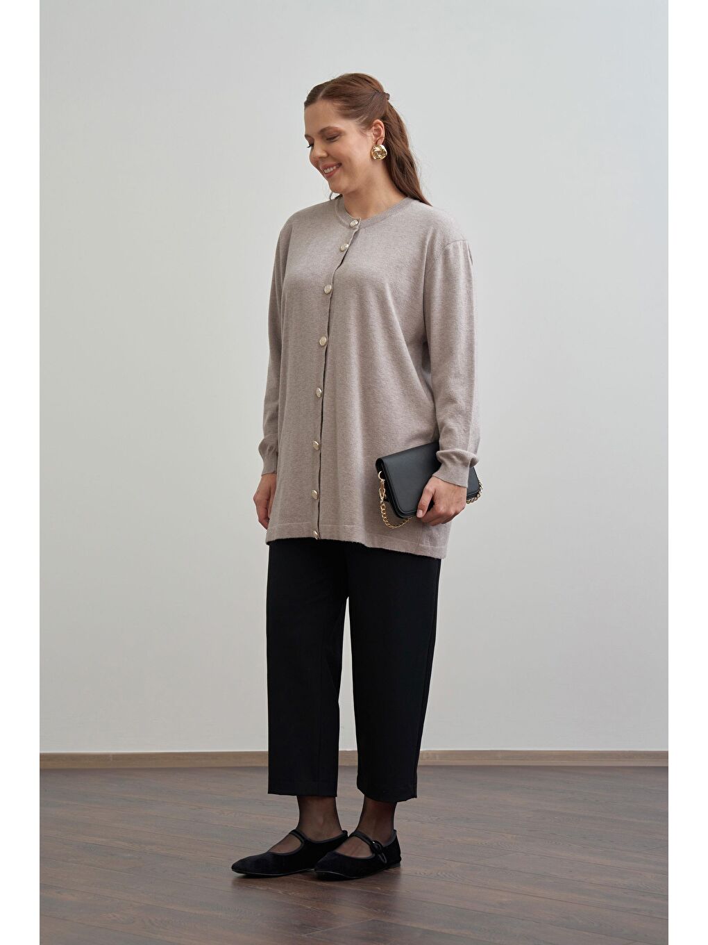 Bej Vizon-Patı Dügmeli Triko Hırka-1