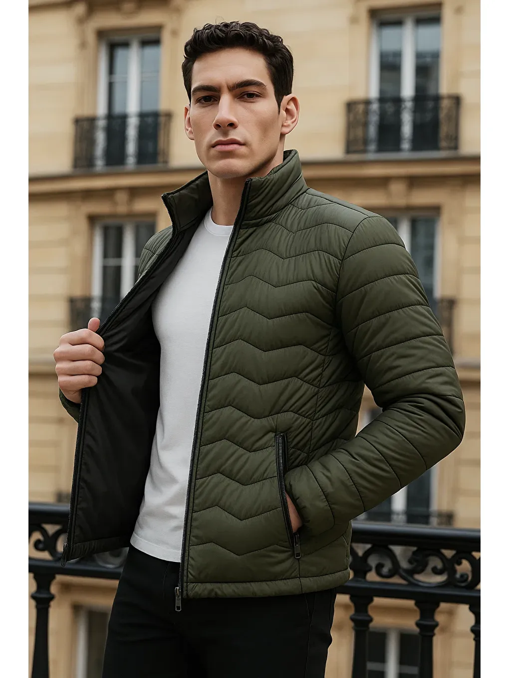 Erkek Premium Basic Kapitone Haki Şişme Mont