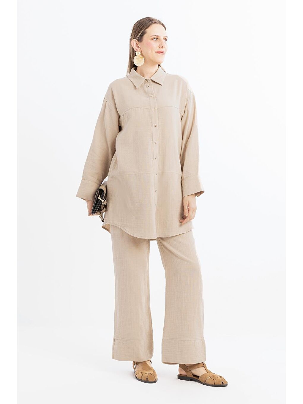 Bej-Dikiş Detaylı Müslin Pantolonlu Takım