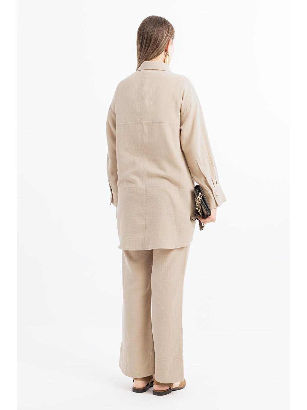 Bej-Dikiş Detaylı Müslin Pantolonlu Takım-2