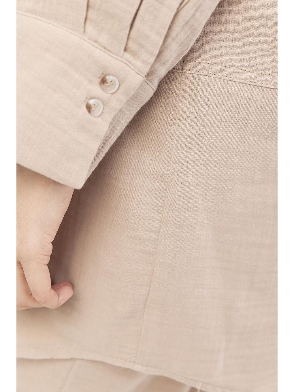 Bej-Dikiş Detaylı Müslin Pantolonlu Takım-3