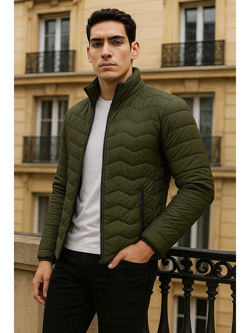 Erkek Premium Basic Kapitone Haki Şişme Mont-3