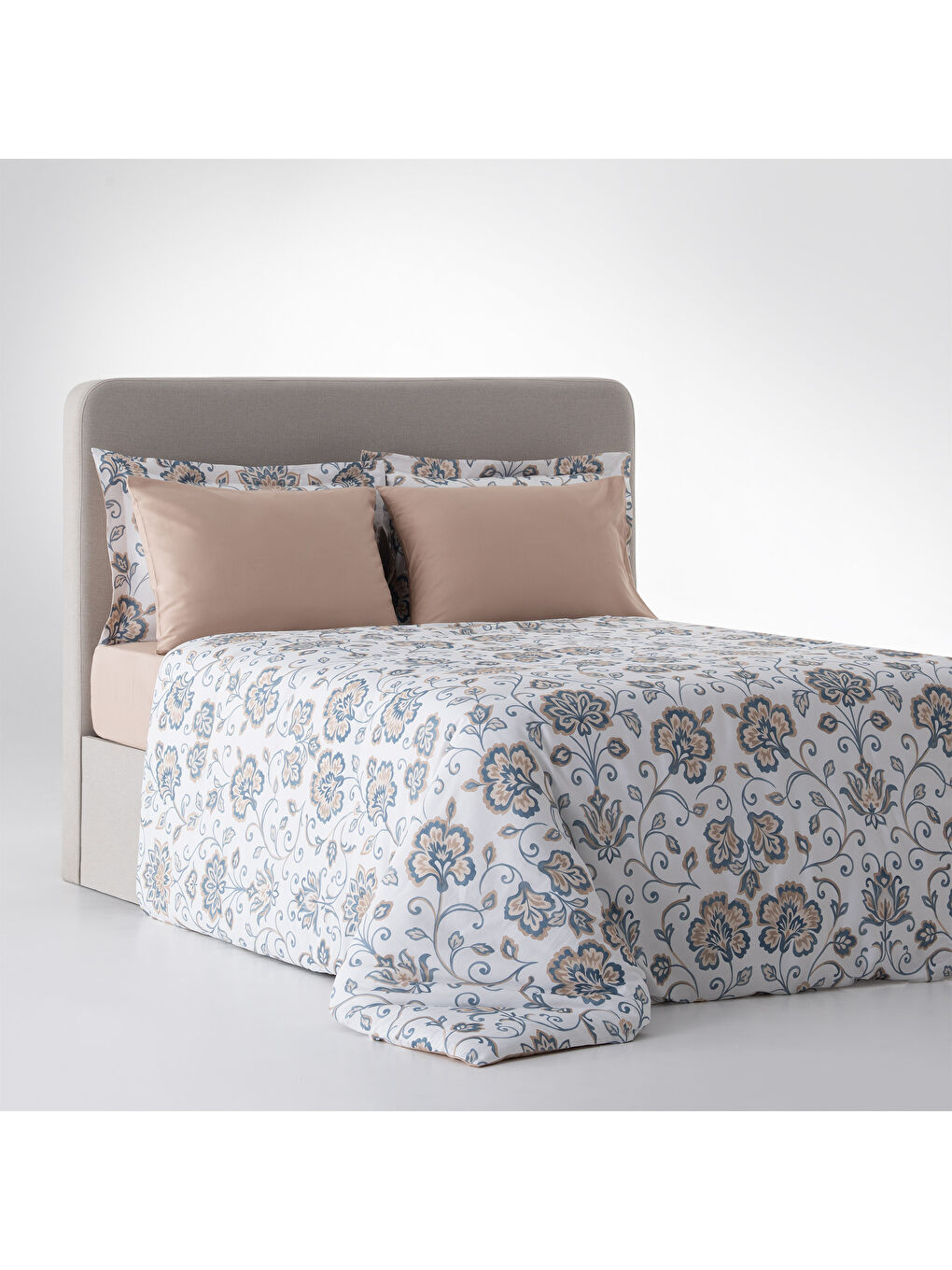 Ekru Verona Zarif Bahçe Battal Boy %100 Ege Pamuğu Nevresim Takımı - Çarşaflı - 4 Yastıklı Krem-Kahve-1