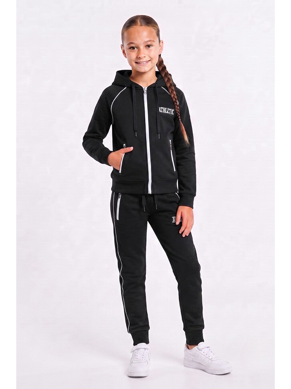 Siyah Kız Çocuk Scuba Atheletic Reglan Kol Kapüşonlu Dalgıç Kumaş Eşofman Takımı Esf7027-5