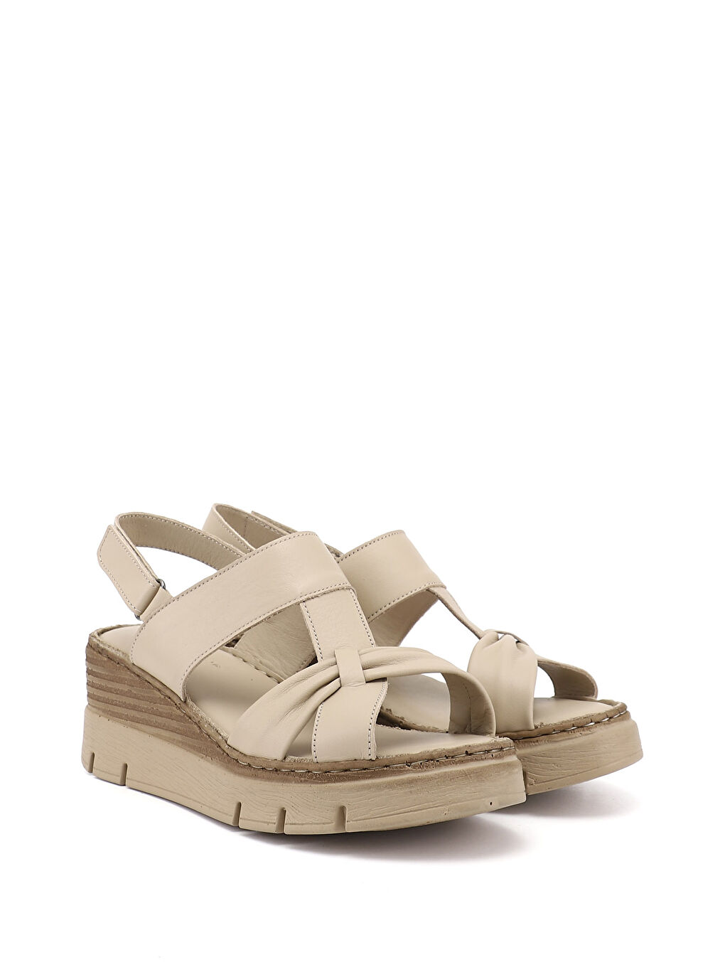 Bej Kadın YENİ BEJ Dolgu Topuklu Hakiki Deri Sandalet-3