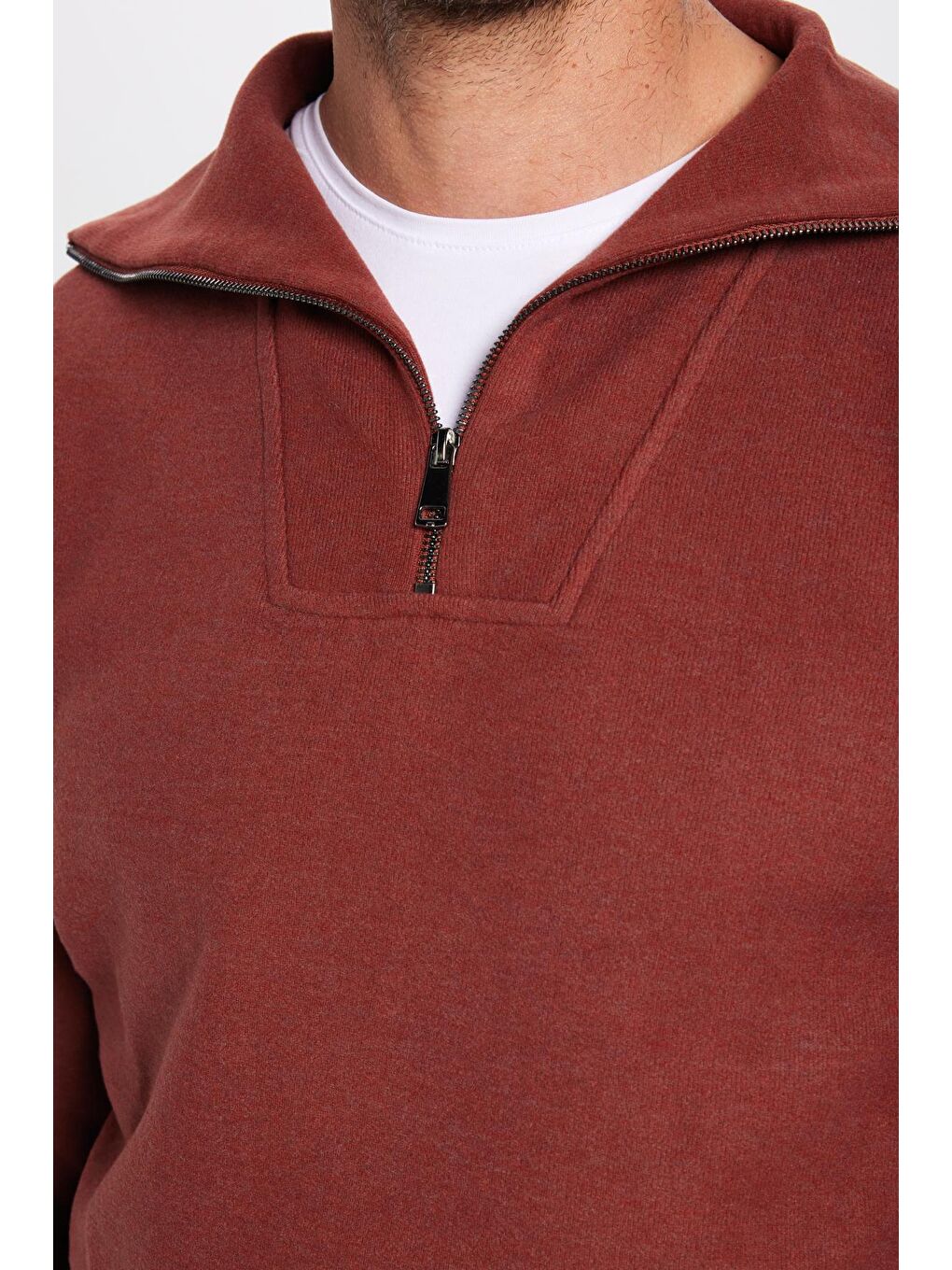 TUDORS Kahverengi Unisex Relax Fit Rahat Kesim Desenli Pamuklu Yarım Fermuarlı Kiremit Renk Dik Yaka Sweatshirt - 2