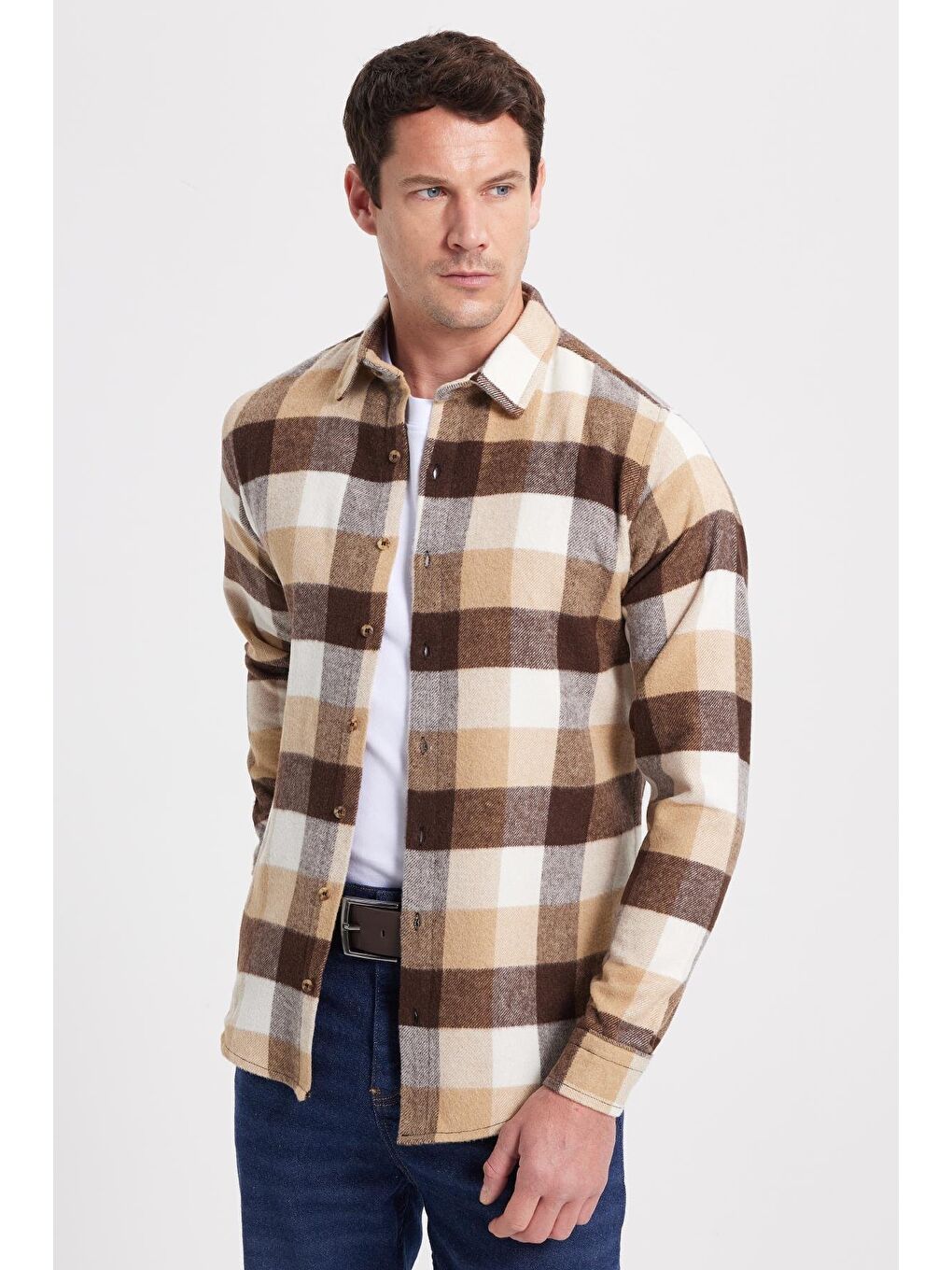 Ekru Erkek Slim Fit Dar Kesim Kareli Kışlık Oduncu Gömlek