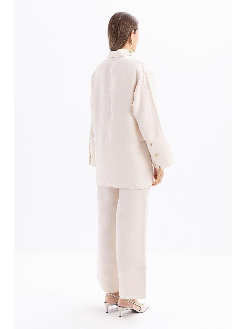 Bej Taş-Geniş Katlamalı Yırtmaçlı Keten Pantolonlu Takım-2