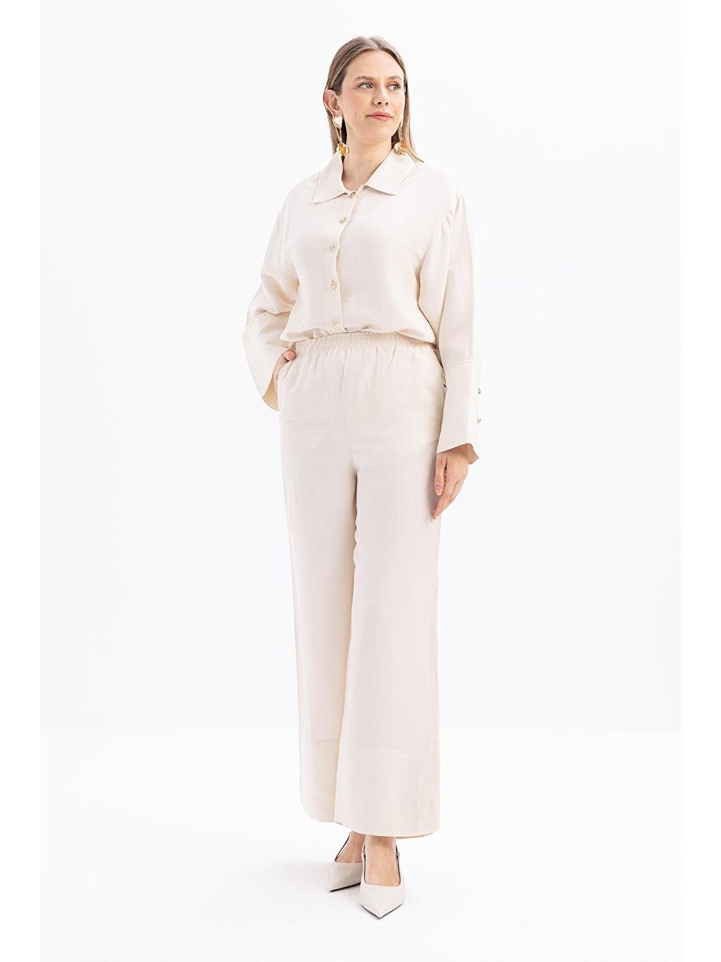 Bej Taş-Geniş Katlamalı Yırtmaçlı Keten Pantolonlu Takım-3