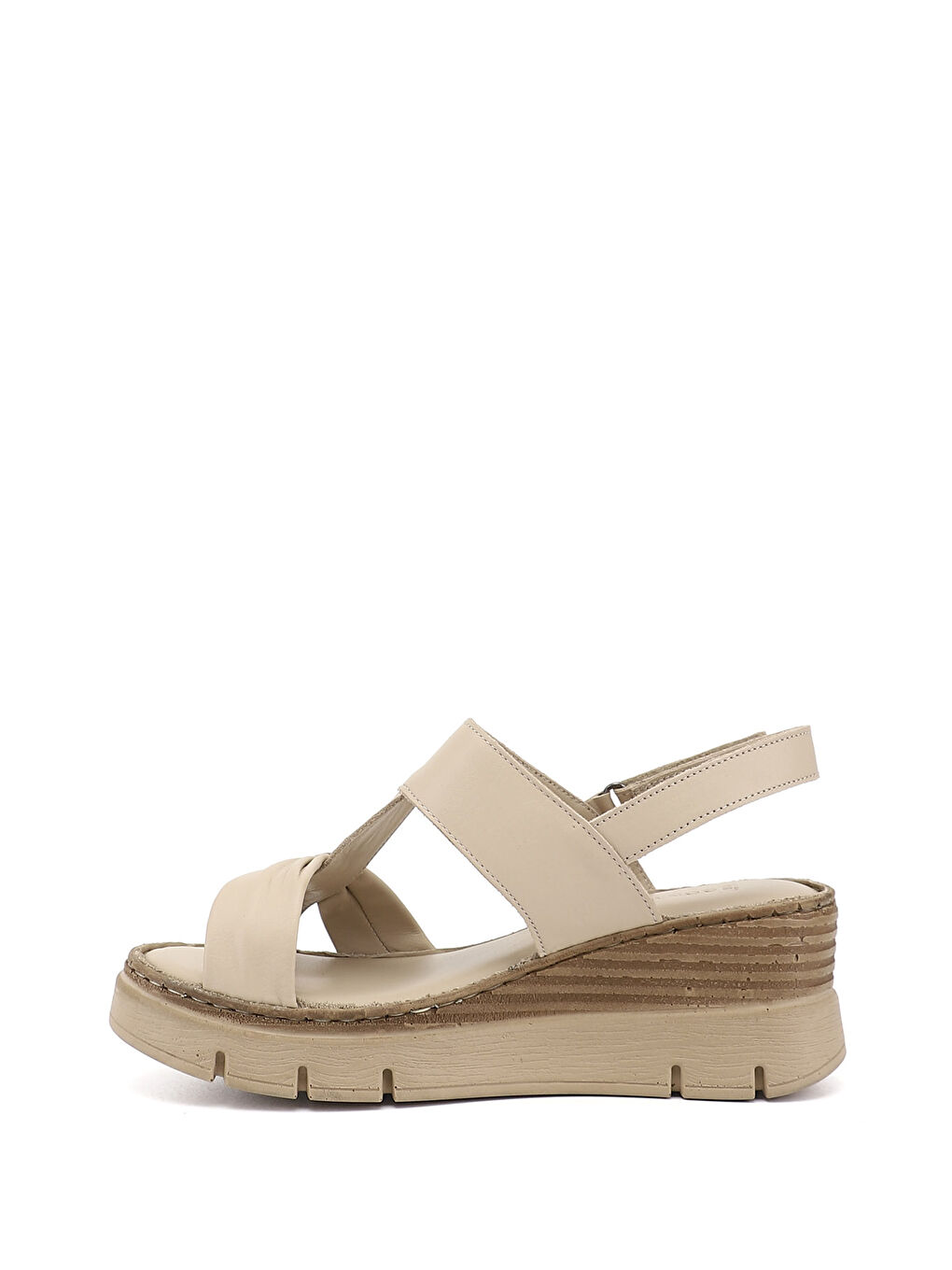 Bej Kadın YENİ BEJ Dolgu Topuklu Hakiki Deri Sandalet-4